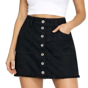 Worth New York Mini Skirt Black Denim Button Front Fringe Hem Pockets Si…